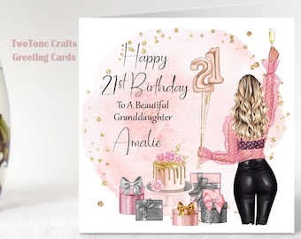 May include: A pink and gold birthday card with a watercolor background. The card features a woman holding a balloon that says "21" and a cake with pink frosting. The text on the card reads "Happy 21st Birthday To A Beautiful Granddaughter Amalie".
