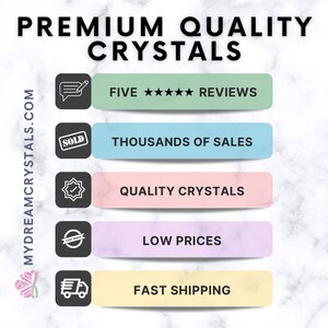 May include: A graphic with a white background and a marble pattern. The graphic has five colorful rectangular boxes with icons and text. The text in the boxes reads: "Five ***** Reviews", "Thousands of Sales", "Quality Crystals", "Low Prices", and "Fast Shipping".