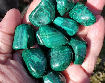 May include: A collection of nine tumbled malachite stones, each with a unique green and black pattern. The stones are smooth and polished, with a natural, earthy look.