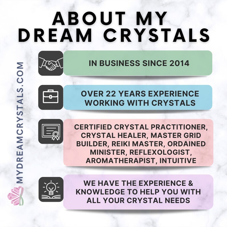 May include: A graphic with the text "About My Dream Crystals" in a pink and green color scheme. The graphic lists the business's experience with crystals, including being in business since 2014, over 22 years of experience working with crystals, and being a certified crystal practitioner, crystal healer, master grid builder, Reiki master, ordained minister, reflexologist, aromatherapist, and intuitive.