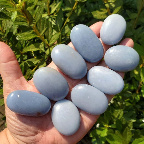 Blue Angelite Crystal Palm Stones for Angel and Spirit Guide Communication, Angelite for Chakra Alignment, Healing Stones and Crystals