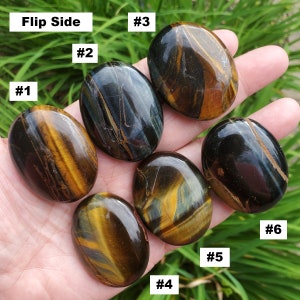 May include: Six tiger's eye tumbled stones, each with a unique pattern of gold, brown, and black stripes. The stones are numbered 1 through 6, with the text "Flip Side" at the top of the image.
