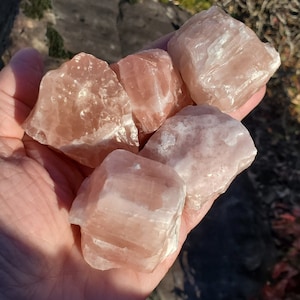 May include: A collection of five pink and white selenite crystal clusters. The crystals are rough and have a natural, unpolished look.