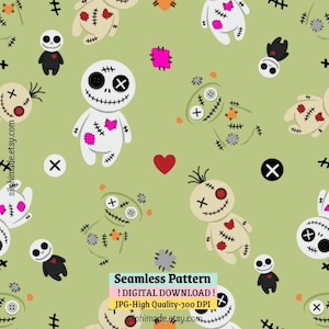May include: A seamless pattern on a light olive green background featuring various voodoo doll illustrations in white, beige, and black, accented with pink, red, and orange patches, hearts, and buttons, with the text Seamless Pattern Digital Download.