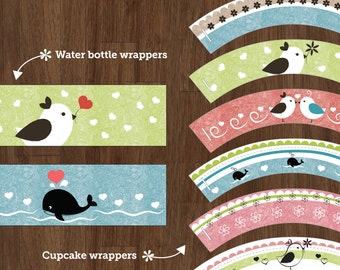Jolies décorations pour cupcakes, emballages / étiquettes de bouteilles d'eau / belles / imprimables / téléchargement immédiat