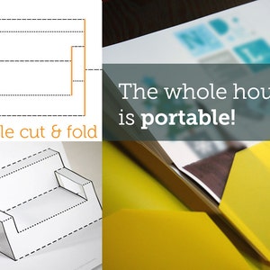 May include: A diagram showing how to fold a piece of paper to create a 3D model of a couch. The text "simple cut & fold" is below the diagram. The whole house is portable! is written on a yellow background.