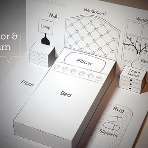 May include: A black and white illustration of a bedroom with a bed, headboard, pillow, nightstand, lamp, rug, slippers, window, vase, and floor. The text "Color & Learn" is at the top of the image.