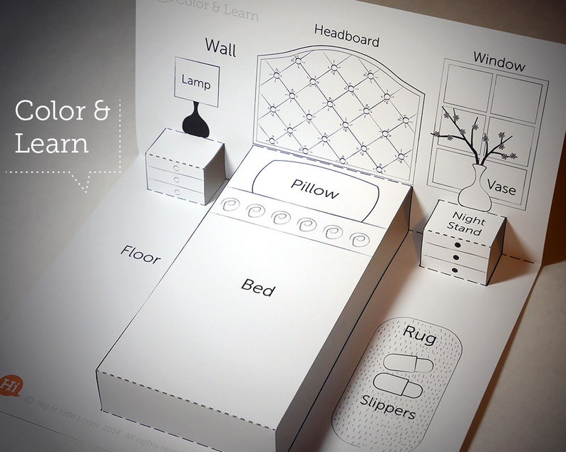 May include: A black and white illustration of a bedroom with a bed, headboard, pillow, nightstand, lamp, rug, slippers, window, vase, and floor. The text "Color & Learn" is at the top of the image.