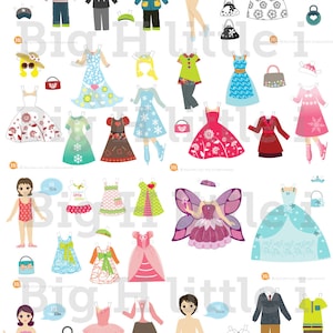 May include: A printable paper doll set with a variety of outfits for girls and boys. The set includes a variety of dresses, skirts, pants, shirts, and accessories. The paper dolls are dressed in a variety of colors and patterns, including pink, blue, green, red, and yellow.