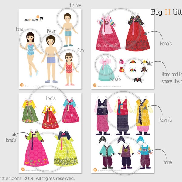 Paper dolls / Korean Traditional Costumes / 4 Dolls 14 Costumes