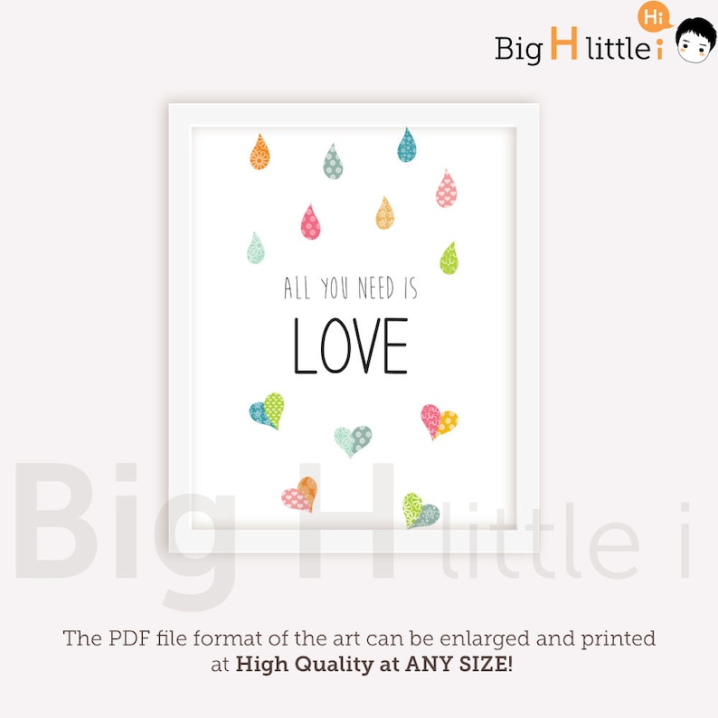 May include: A white framed print with a white background and colorful raindrops and hearts. The text "All you need is love" is printed in black.