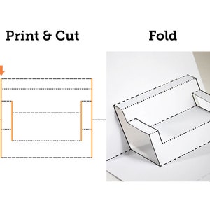 Puede incluir: Un diagrama que muestra c&oacute;mo doblar un modelo de papel de un sof&aacute;. El diagrama muestra el papel plano, sin doblar, con l&iacute;neas punteadas que indican d&oacute;nde doblar. La segunda imagen muestra el modelo de papel doblado de un sof&aacute;.
