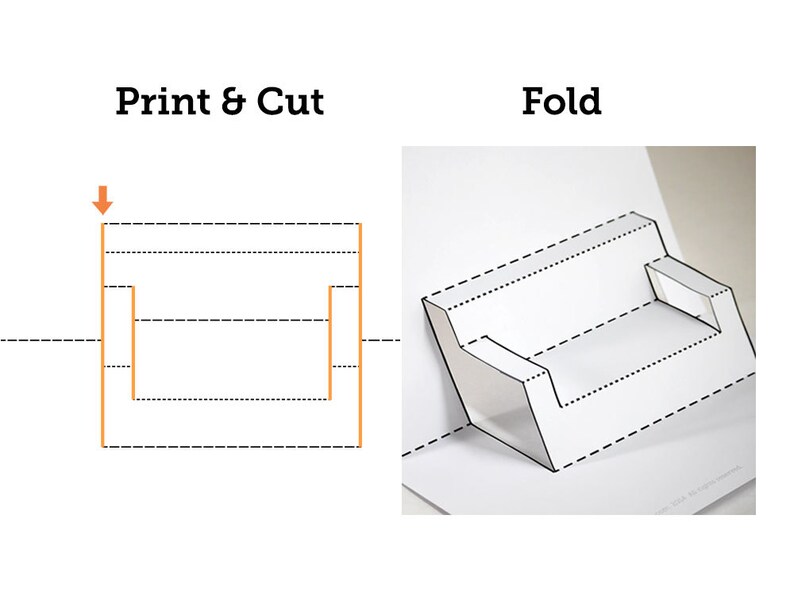 Puede incluir: Un diagrama que muestra c&oacute;mo doblar un modelo de papel de un sof&aacute;. El diagrama muestra el papel plano, sin doblar, con l&iacute;neas punteadas que indican d&oacute;nde doblar. La segunda imagen muestra el modelo de papel doblado de un sof&aacute;.