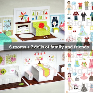 May include: A paper dollhouse with six rooms and seven paper dolls. The dollhouse is made of paper and has a variety of rooms, including a bedroom, living room, dining room, and kitchen. The dolls are dressed in a variety of outfits and can be used to play pretend.