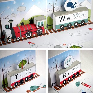 Peut inclure: Une carte pop-up sur le th&egrave;me du train. Chaque wagon pr&eacute;sente une lettre de l'alphabet, une image et la lettre &eacute;crite. Les lettres sont W, T et R. Les images sont une baleine, un arbre et un lapin.