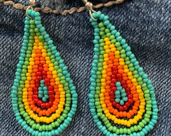 Sun Shiny Day, Rainbow colored handwoven seed bead earrings, hippie, boho
