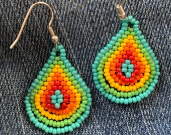 Yard Sales, hand woven rainbow colored seed beads, hippie earrings, circular earrings
