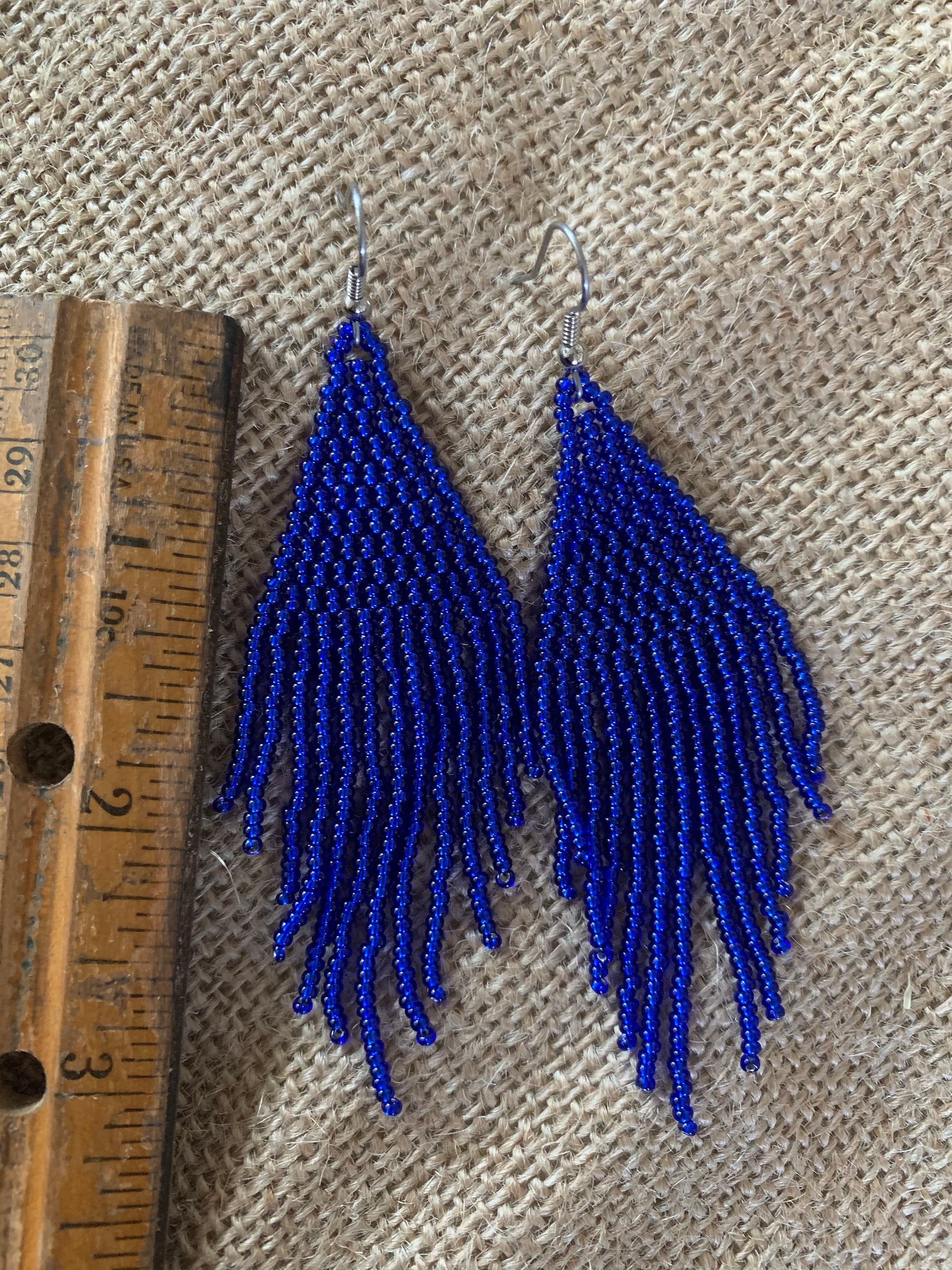 Shinny Blue Long Fringe Handwoven Seed Bead Earrings, Boho Style ...
