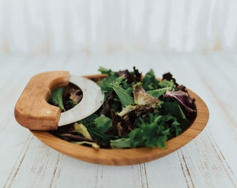 9&quot; Cherry Chopping Bowl and Mezzaluna Knife Set with Bee&#39;s Oil Finish