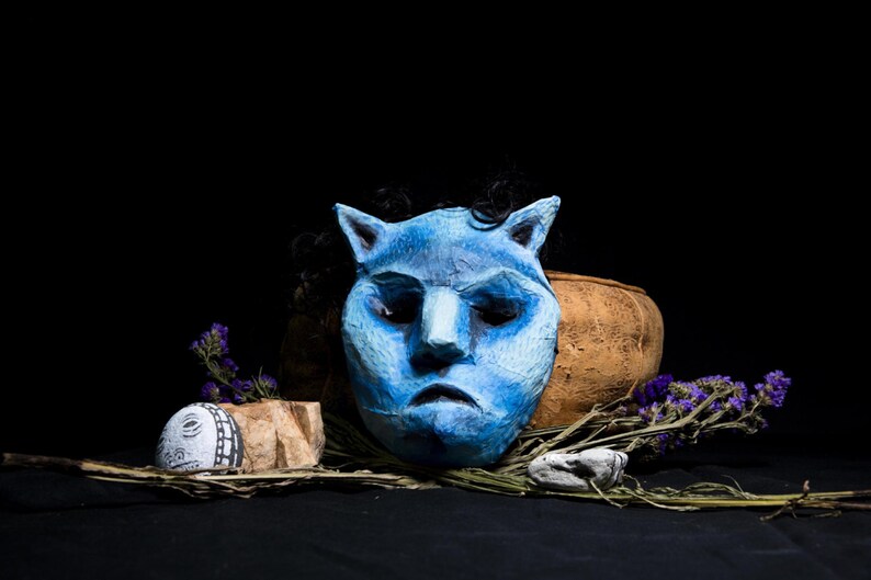 Mask Cat Blue paper mache strange animal Magic
