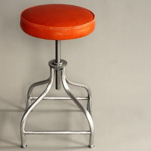 Vintage-Inspired Industrial Swivel Stool: Adjustable Leather Seat, Brushed Steel Frame, Handmade Loft Furniture - 5 Year Warranty