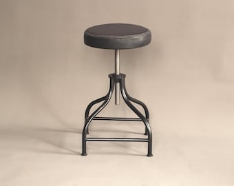 Vintage Industrial Leather Bar Stool - Adjustable Handmade Metal Steampunk Kitchen Loft Furniture