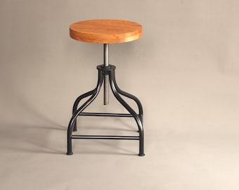 Vintage-Inspired Adjustable Bar Stool: Industrial Loft Steampunk Design with Wood Seat & Metal Frame