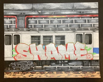 American graffiti urban street art original New York city subway style 0ne of one art ink marker on paper 14 " x 11 " by artist Shame 125th