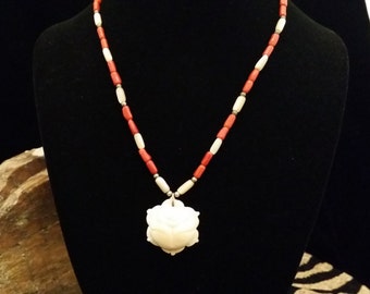 Gorgeous Carved Lucite Rose Drop Necklace with Coral and Lucite Beads