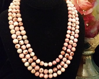 Beautiful 3 Strand Pink Rhodonite Semi Precious Stone Necklace