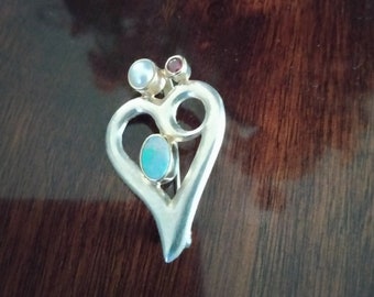 Sterling Silver Opal, pearl and garnet heart pendant