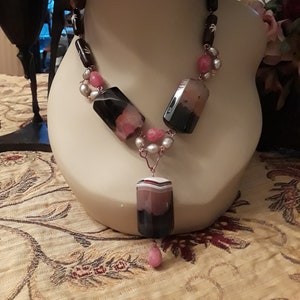 Agate, bone and jasper necklace with center drop