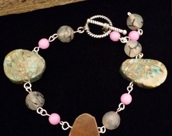 Turquoise jasper, pink jade linked bracelet