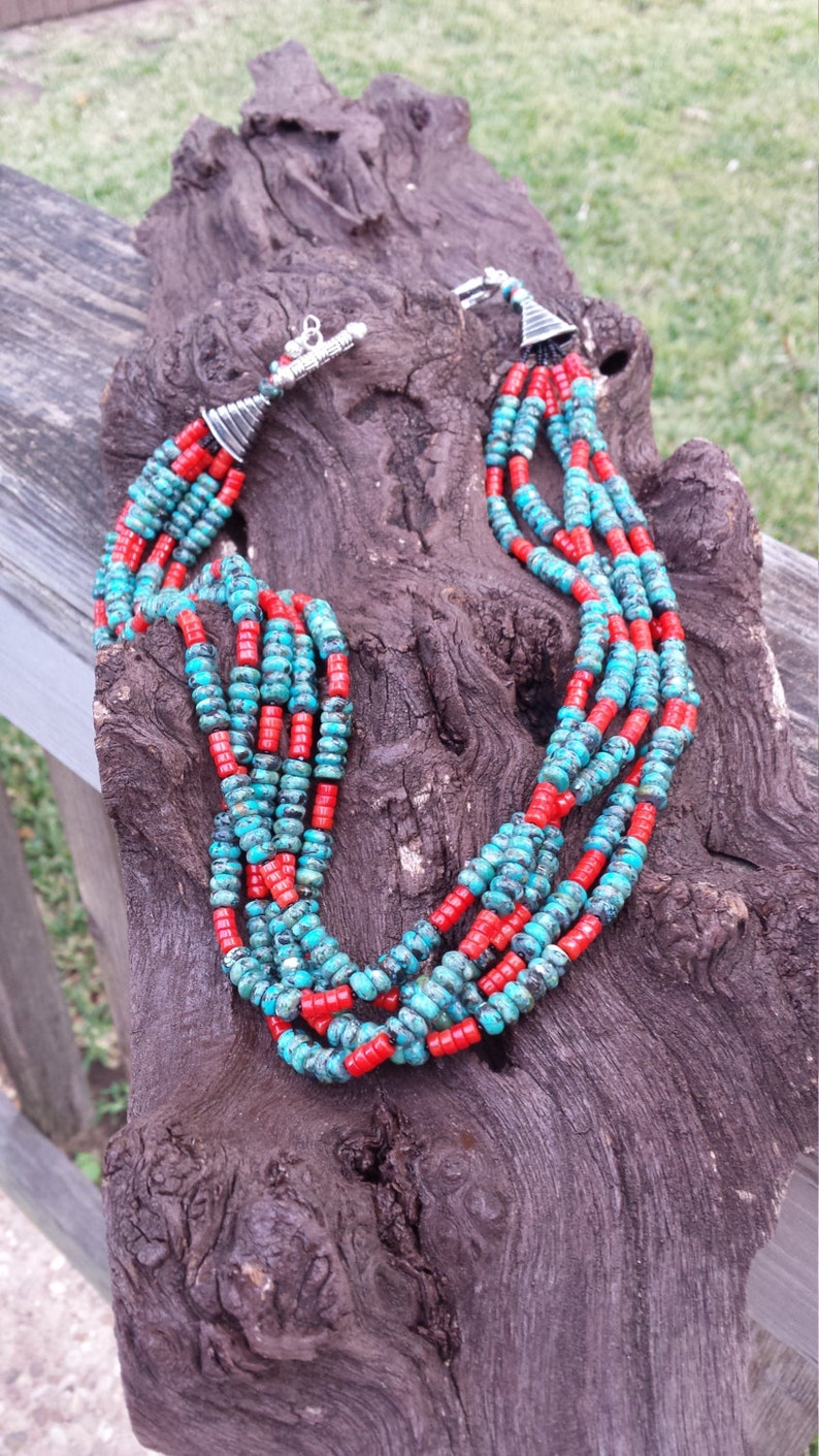 Turquoise and Coral Five Strand Necklace Etsy