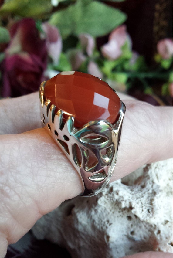 Sterling silver faceted large carnelian ring, size