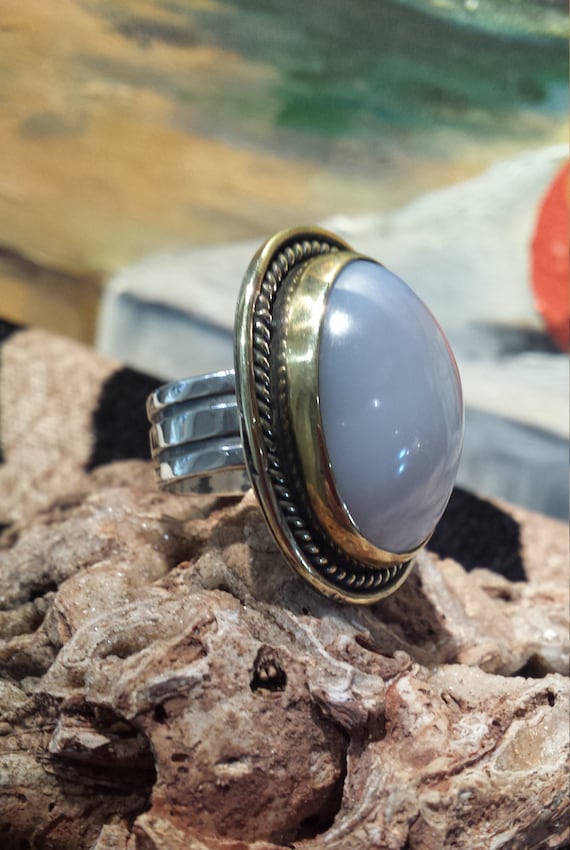 Sterling silver large grey lace agate ring