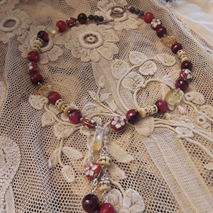 Beautiful Burgundy Jasper, Crystal, Citrine, Bone and Cloisonne Floret Beaded Necklace with Unique 3 Strand Drop zdjęcie 6