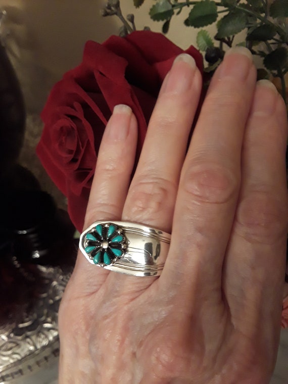 Sterling silver turquoise spider web design ring - image 1