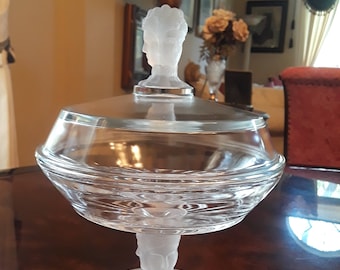 George Duncan EAPG 1880's Westward Ho round covered compote with three face frosted finial