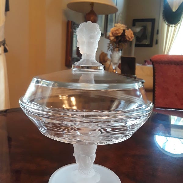 George Duncan EAPG 1880's Westward Ho round covered compote with three face frosted finial