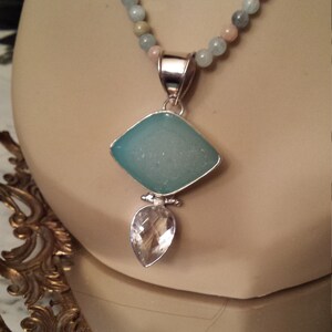 Sterling silver Blue Chalcedony pendant with Chalcedony smooth polished beaded necklace