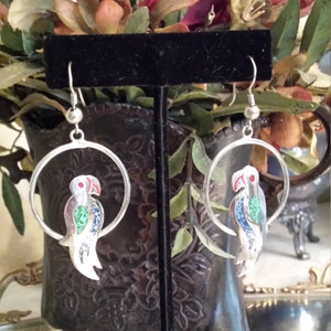 Sterling silver vintage inlaid parrot earrings