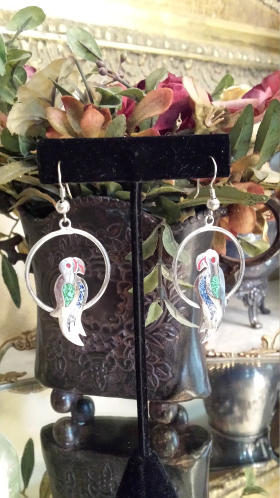 Sterling silver vintage inlaid parrot earrings
