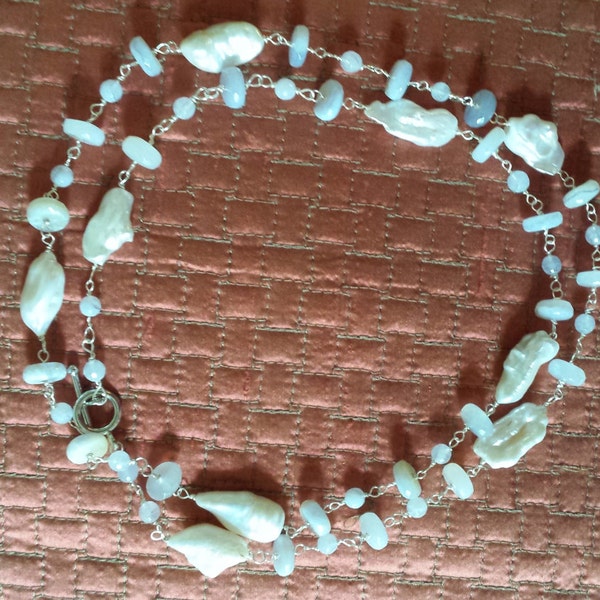 Long strand wire linked fresh water pearl and blue lace agate