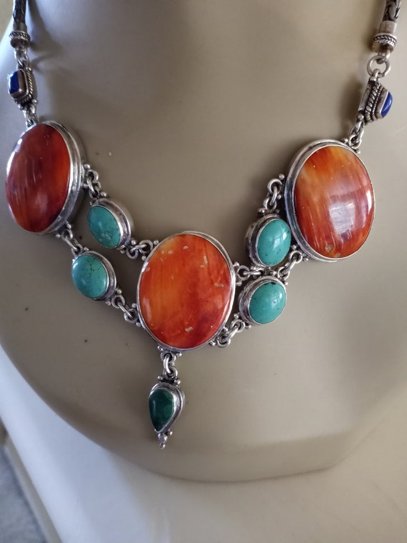 Sterling silver spiny oyster, lapiz and turquoise necklace
