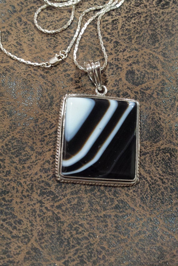 Sterling silver black agate large square pendant w