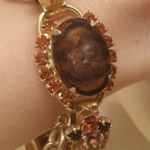 Beautiful Vintage Costume Bracelet with Brown and Orange Glass Stones and Unique Victorian Style Engraving image 5