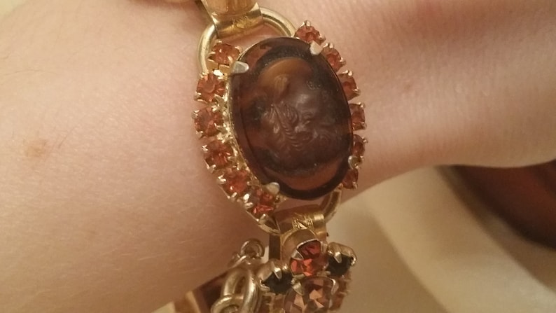 Beautiful Vintage Costume Bracelet with Brown and Orange Glass Stones and Unique Victorian Style Engraving image 5