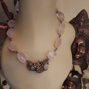 Beautiful Rose Quartz Necklace with Gold Toned Vintage Brooch Asymmetrically Positioned with Rose Quartz, Tiger Eye and Semi Precious Stones