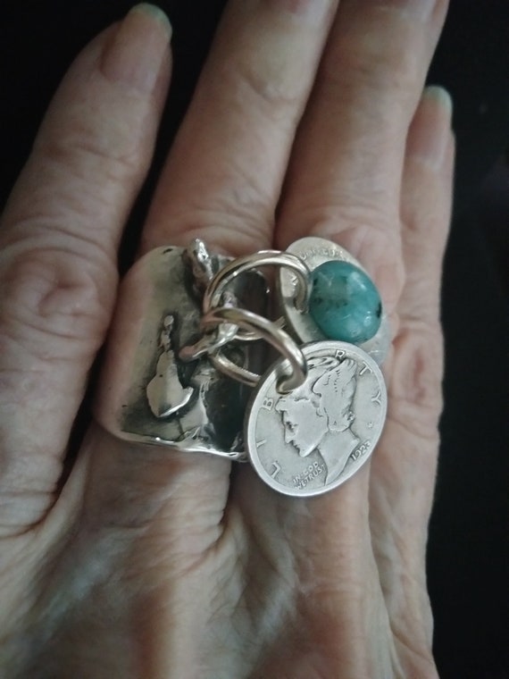 Mercury dime charm wide band sterling and turquoi… - image 2